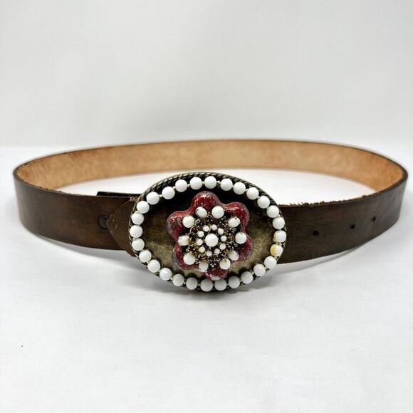 Vintage Leather Belt Women 44" IVAN Beaded Brown Boho Western Cottagecore Aztec - Picture 1 of 9